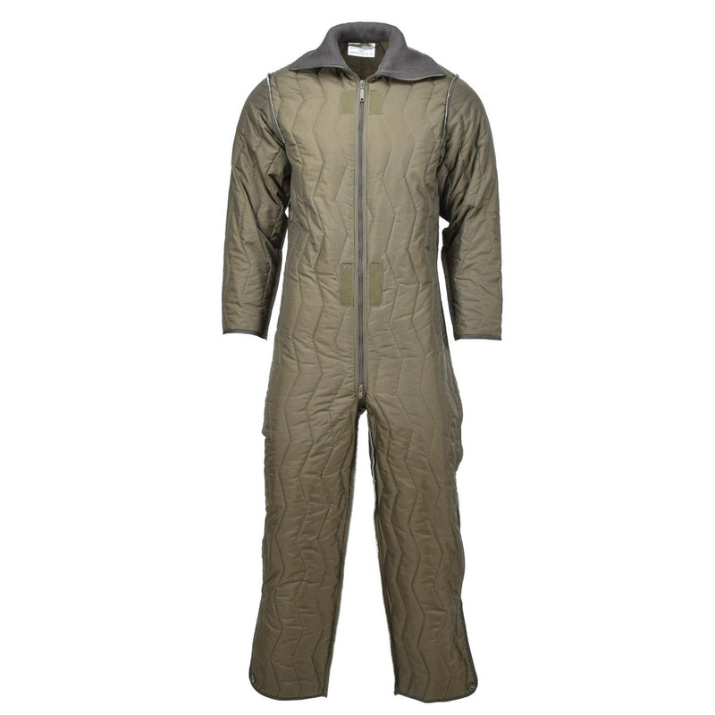 Original German Military quilted olive coverall liner jumpsuit designed for thermal insulation in cold weather conditions