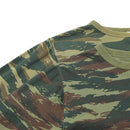 Close-up of two Greek army sweatshirts with lizard camouflage pattern and round neck design on white background