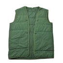Original Greek military quilted M65 sleeveless liner vest in green, army surplus, open front design.
