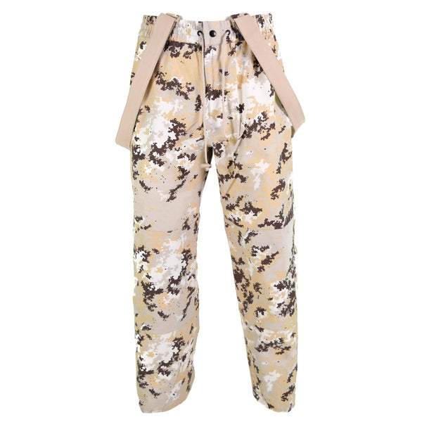 Original Italian Air Forces desert camo bib rain pants with adjustable suspenders and durable polyamide fabric.