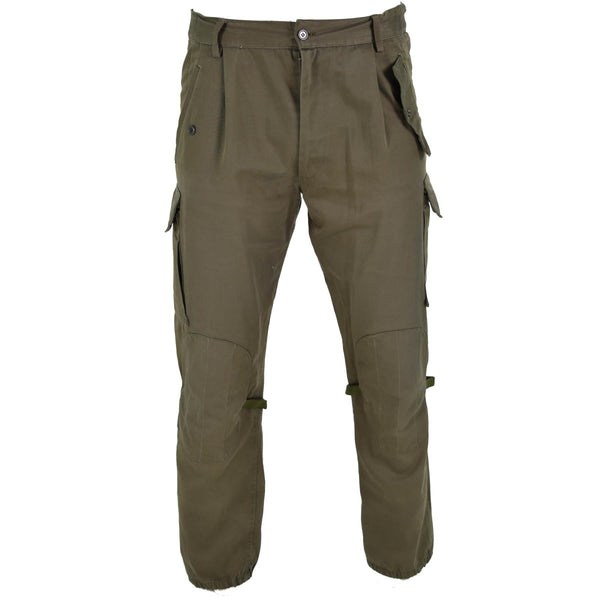 Original Italian army combat trousers in olive drab with reinforced knees and multiple cargo pockets for durability and utility.
