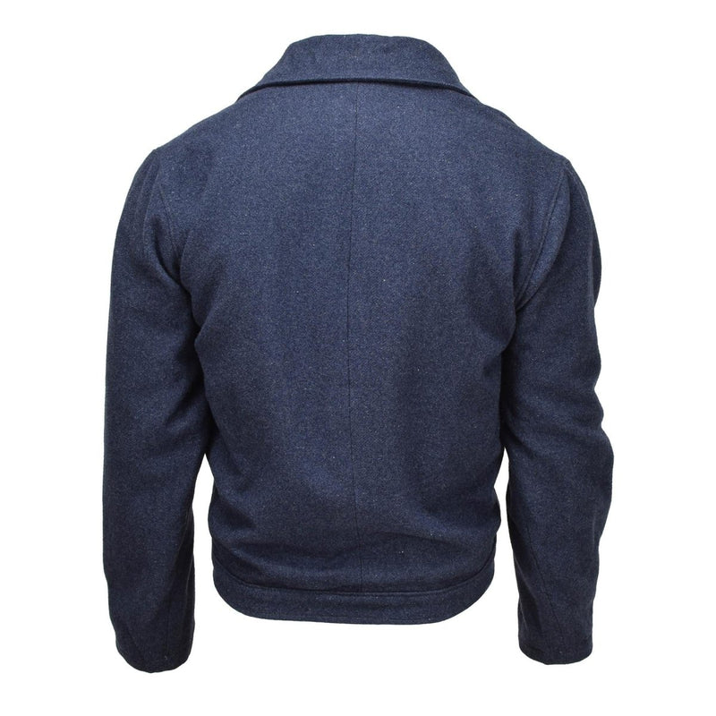 Back view of original Italian army vintage blue Ike jacket made of gabardine wool with tailored fit