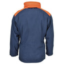 Back view of navy trilaminated parka jacket with orange shoulder accents and high collar, waterproof and vintage style.