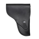 Black genuine leather military holster with snap button closure designed for secure Beretta pistol carry.