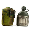 Original Netherlands Dutch Army canteen with metal cup and camouflage cover featuring Alice clips for secure attachment