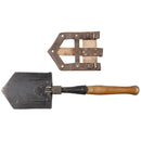Original Romanian Army foldable serrated shovel with wooden handle and leather carrying sheath for outdoor survival tasks