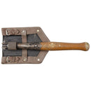 Original Romanian Army foldable serrated shovel with wooden handle and durable leather carrying sheath for outdoor use