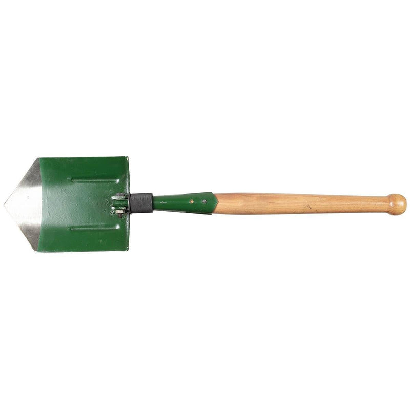 Original Romanian Army foldable shovel with green blade and wooden handle, military surplus, durable and compact design
