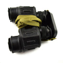 Original Romanian army IOR 7x40 binoculars with rubberized military housing and green carrying strap on white background