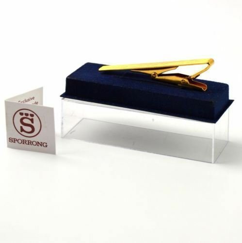 Original Scandinavia Sporrong gold tie clip from Sweden Army Air Forces uniform displayed on blue velvet case.