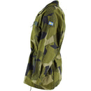 Original Swedish army M90 splinter camo jacket with adjustable cuffs, pockets, and Swedish flag patch on sleeve side view