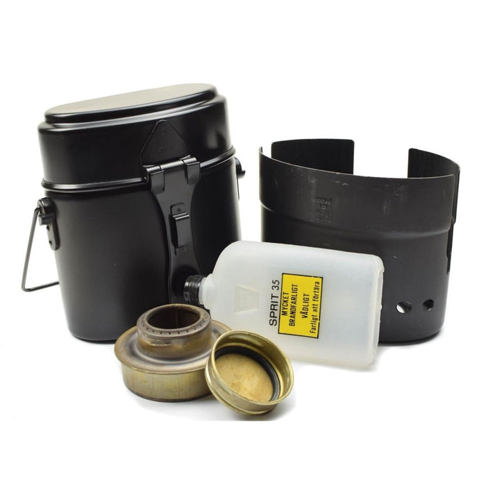 Original Swedish Army Trangia stove cook set with spirit burner, fuel bottle, windshield, and mess kit components.