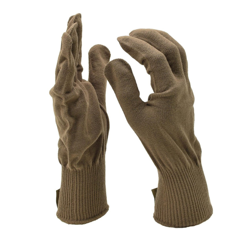 Original US Military brown knitted acrylic gloves liners designed for warmth, flexibility, and cold-weather protection.