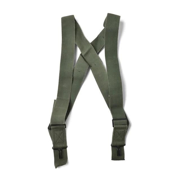 Olive green genuine U.S. military M1950 suspenders with adjustable shoulder harness and metal clips for pants support