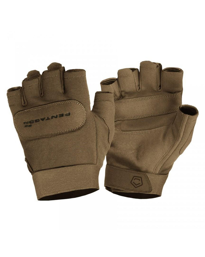 Brown Pentagon Duty Mechanic 1/2 fingerless gloves with breathable fabric and elastic cuff for enhanced dexterity and comfort