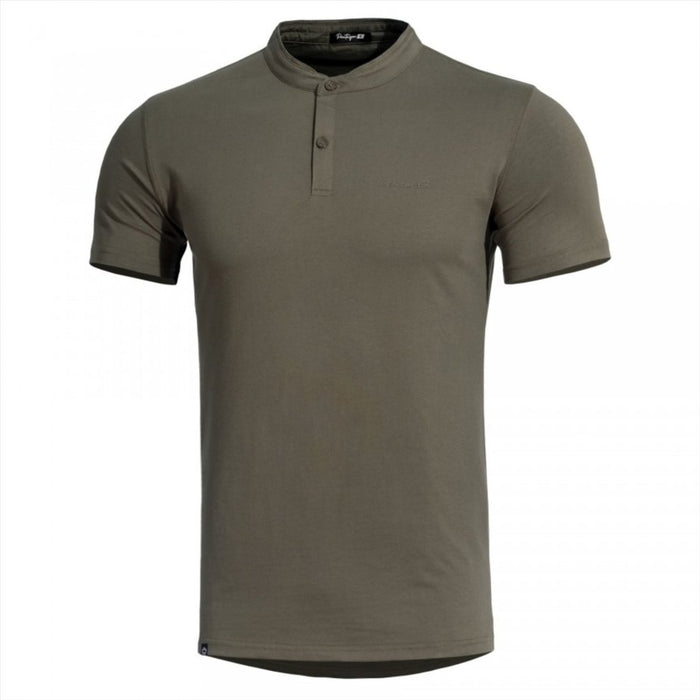 Regular fit Pentagon Romeo 2.0 Henley T-shirt in olive green with mandarin collar and short sleeves, odorless cotton fabric