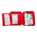 Open first aid kit with various supplies on a white background
