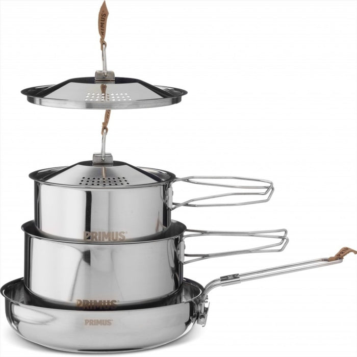 Primus Campfire Cookset S stainless steel pots and frying pan with handles and vented lids, compact camping cookware set