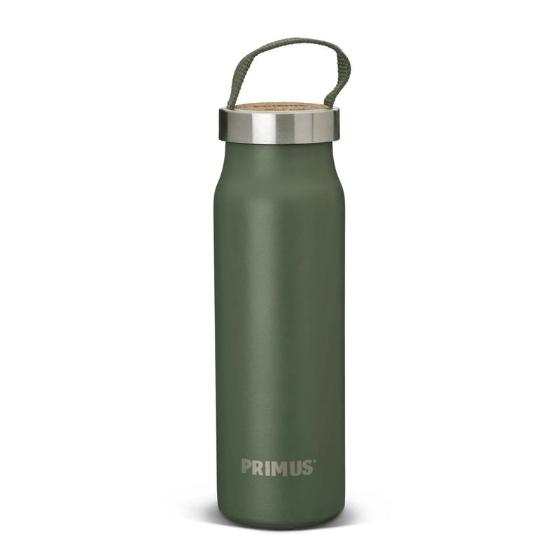 Primus Klunken 500ml stainless steel vacuum flask in green with handle, ideal for hiking and outdoor use.