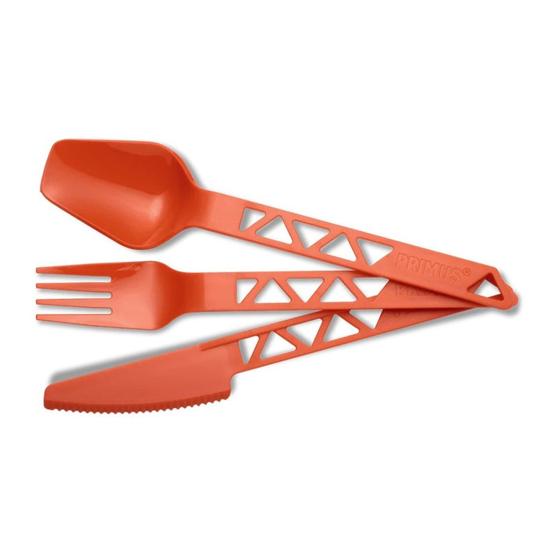 Lightweight orange plastic camping cutlery set with knife, fork, and spoon for outdoor hiking and picnics.