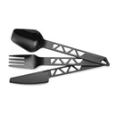 Lightweight Primus outdoor camping cutlery set with black plastic spoon, fork, and serrated knife for hiking and picnics.