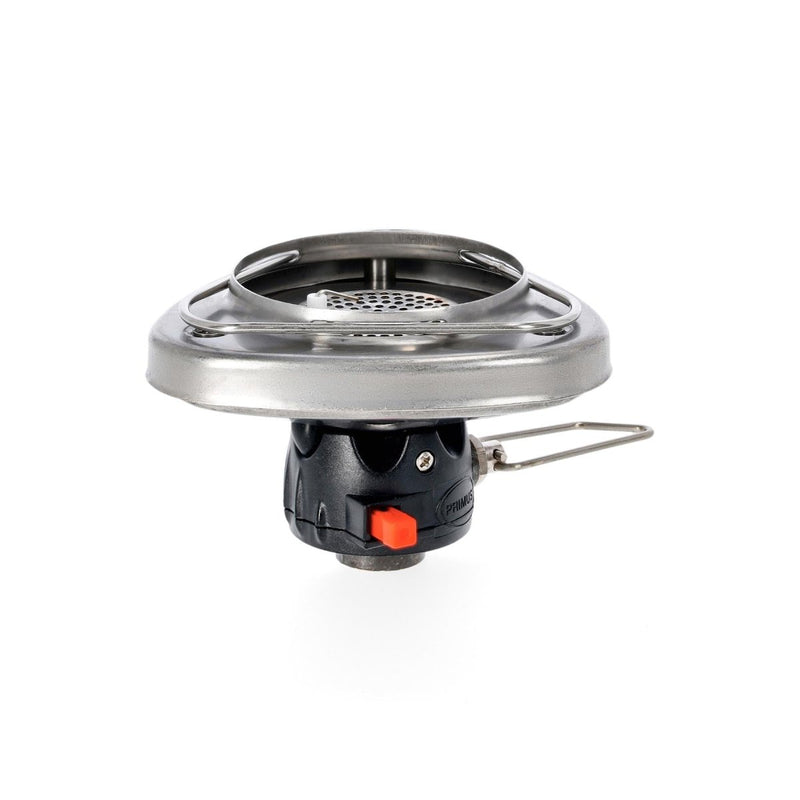 Compact lightweight backpacking stove burner with push-button ignition and foldable handle for camping cooking.
