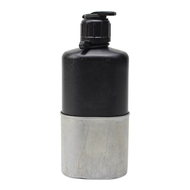 Black Swiss Army military canteen with attached aluminum cup, durable polymer design for outdoor use, 0.8 liters capacity.