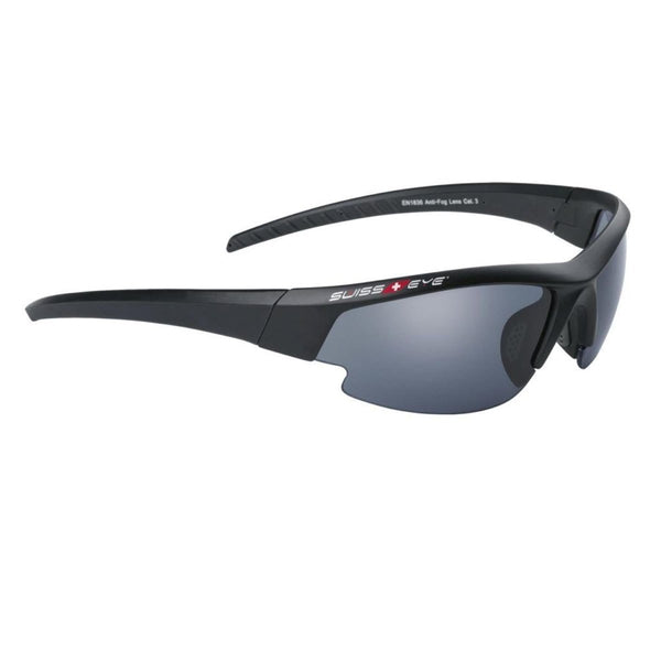 SWISS EYE ballistic shooting glasses with aerodynamic design, adjustable rubberized temples, and anti-fog lenses