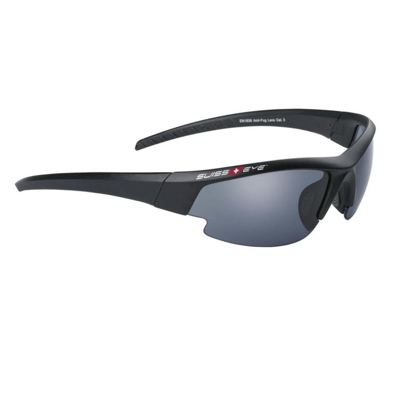 SWISS EYE ballistic shooting glasses with aerodynamic design, adjustable rubberized temples, and anti-fog lenses