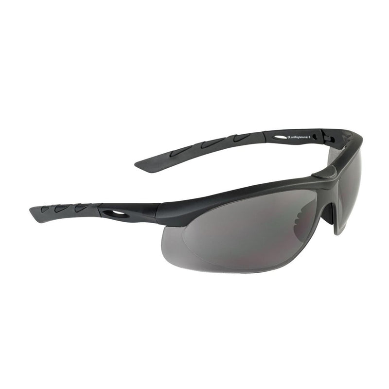 SWISS EYE Tactical ballistic shooting glasses with wide tinted lenses, UV400 protection, and antifog coating