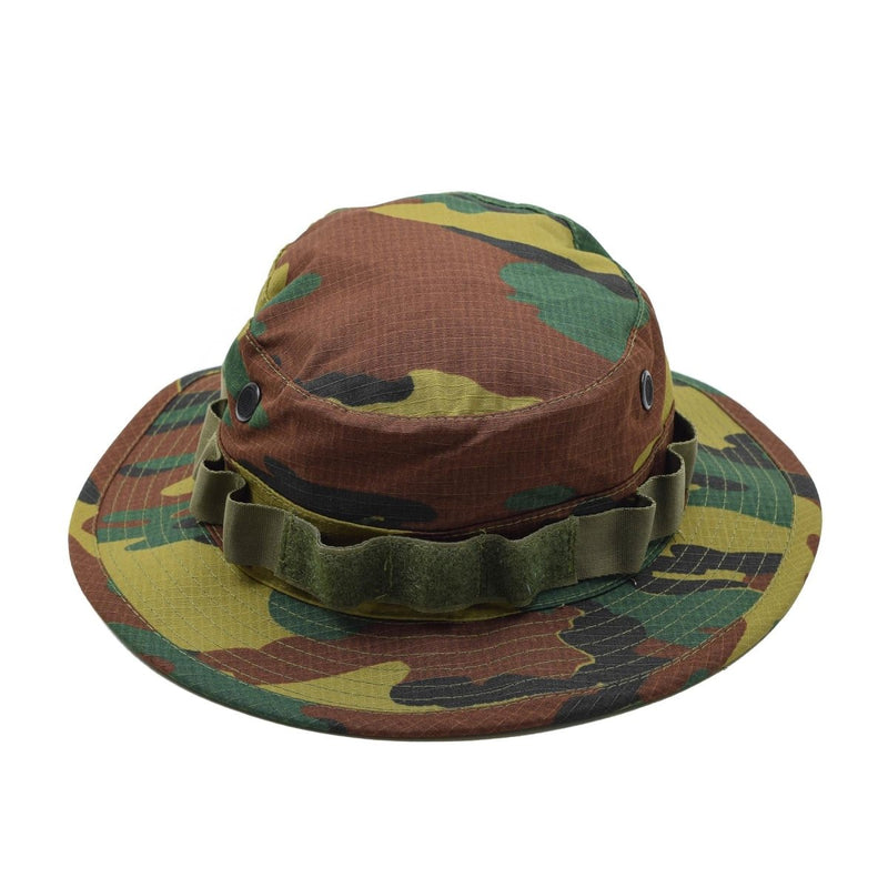 Military style boonie hat with Belgian jigsaw camo pattern, ripstop fabric, wide brim, and durable outdoor design.