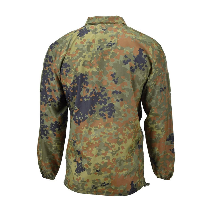 Back view of TACGEAR lightweight flecktarn camo ripstop windproof hunting shirt with long sleeves and elastic cuffs.