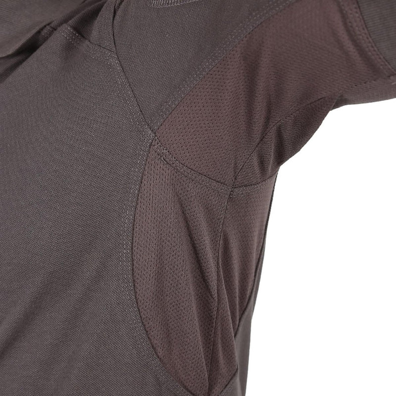 Close-up of breathable mesh underarm panel on TEXAR Elite Pro tactical short sleeve polo shirt in dark brown color