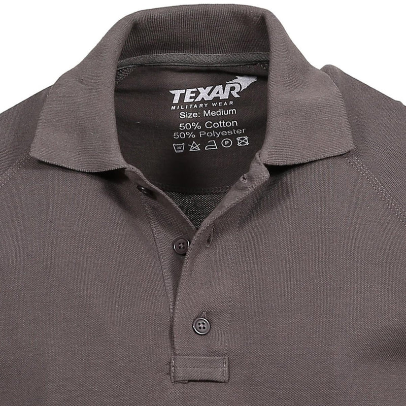 Close-up of TEXAR Elite Pro tactical short sleeve polo shirt in dark gray with buttoned collar and fabric label inside.