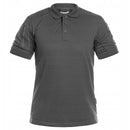 Dark gray TEXAR Elite Pro tactical polo shirt with short sleeves designed for durability and comfort in warm weather.