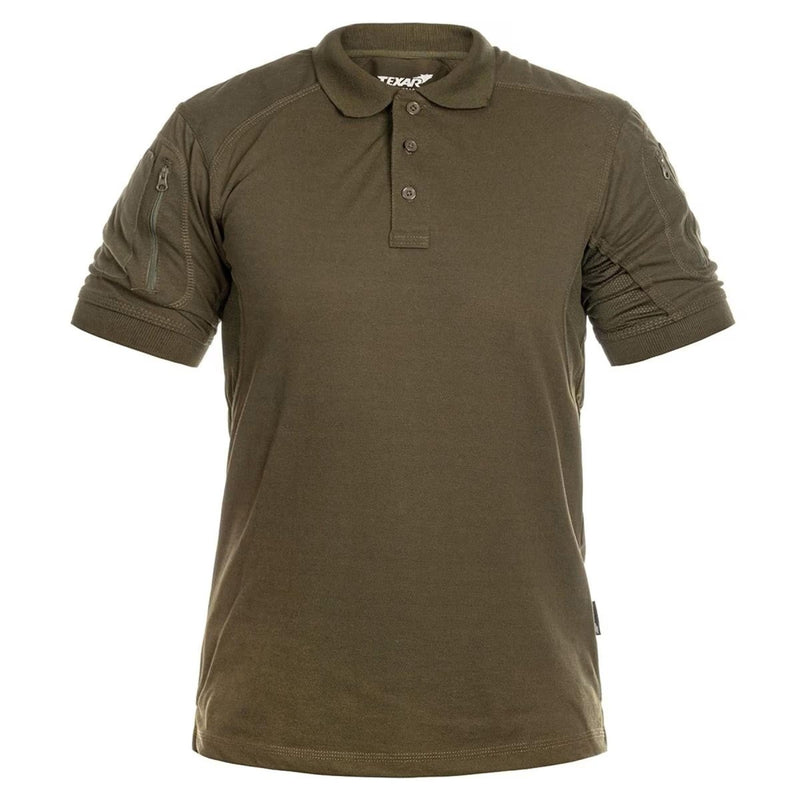 Tactical short sleeve olive green polo shirt with zippered arm pockets, moisture-wicking and durable for outdoor use