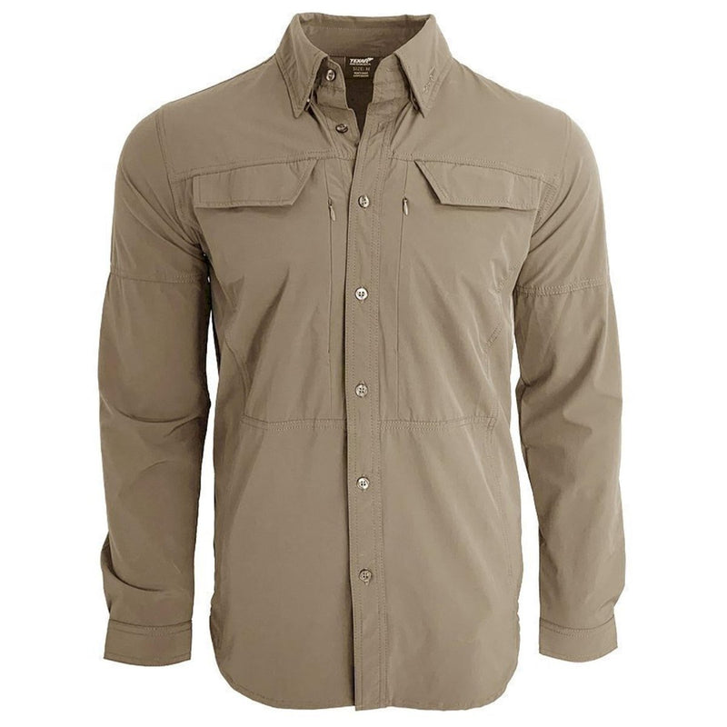 TEXAR slim fit long-sleeve military shirt in tan, durable, breathable fabric with reinforced stitching and button-up front.