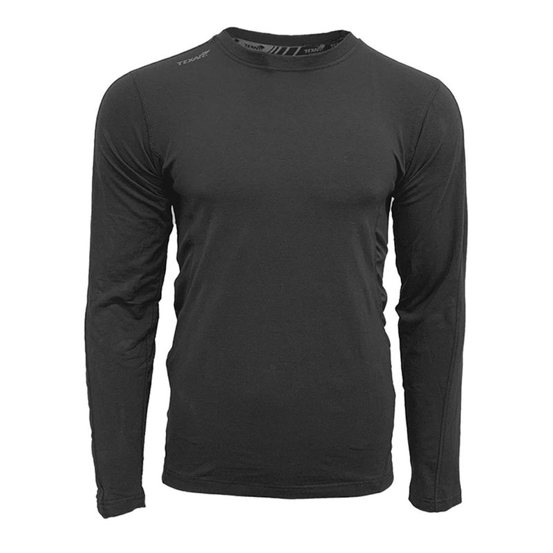 Black TEXAR long sleeve thermal undershirt designed for military use with moisture-wicking and insulating fabric.