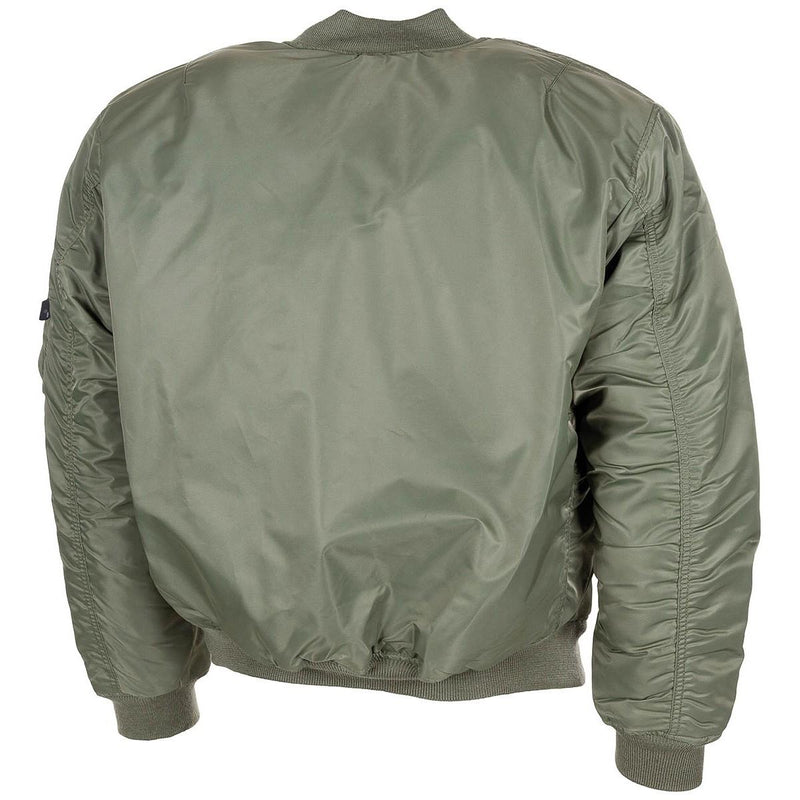 Olive U.S. military style MA1 bomber jacket with windproof, warm fabric and elasticated cuffs shown from the back.